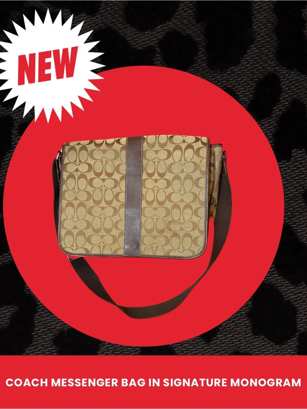 Coach Tan Signature Monogram Messenger Bag with Brown Trim